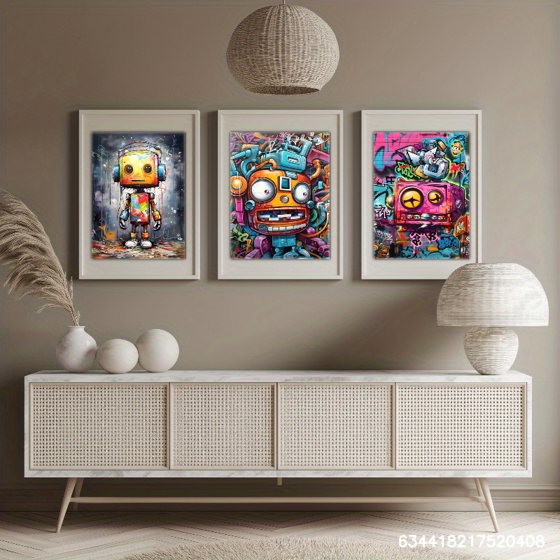 3pcs Framed Canvas Art - Vibrant Graffiti Robot & Space-Themed Wall Decor with Pine Wood Frame, Perfect for Living Room, Bedroom, Cafe, or Bar, Indoor/Outdoor Use, Indoor Wall Decor | Vibrant Wall Art | Wrapped Canvas Frame, Wall Art Decor