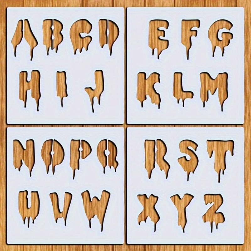TEMU 4pcs Large Letter Painting Stencils, Includes 26 Spooky Letters, Suitable For Diy Art Decoration, Used For Painting On Wood, Glass, Fabric,
