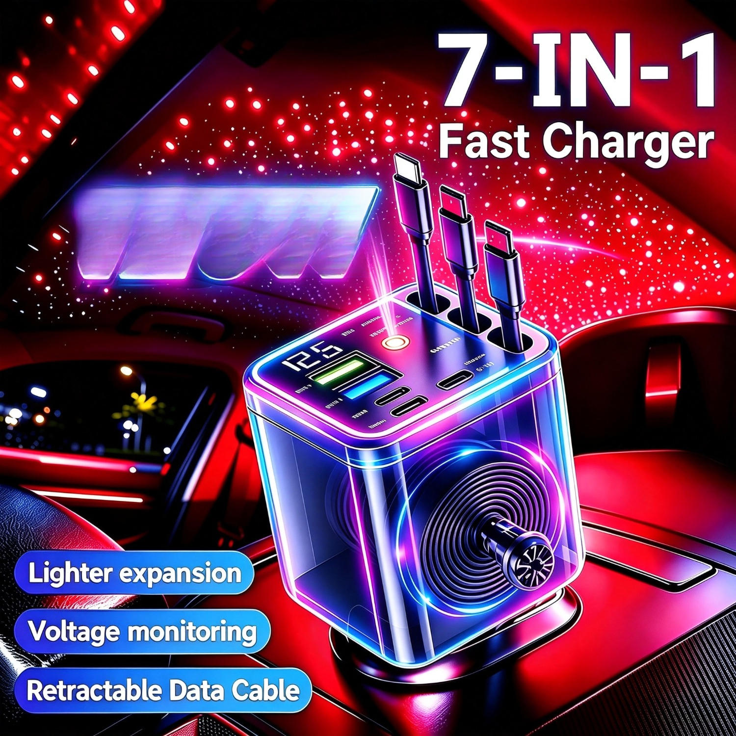 TEMU 125w Retractable Car Charger, With 3 Retractable Cables| 7-in-1 Fast Charging Station, With Colorful Lights, 180 ° Adjustable Angle, Led Voltage