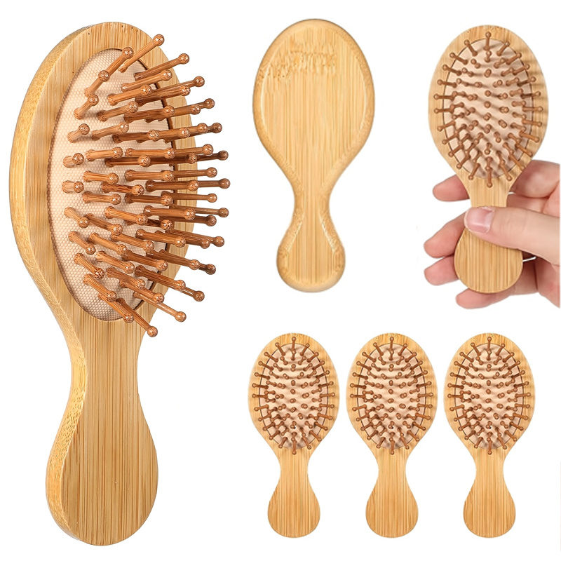 TEMU 6pcs Bamboo Mini Paddle Hair Brush Set, Bulk Wooden Detangling Hair Brushes, Anti-static Mini Hairbrushes For Women And Men, Portable Hair
