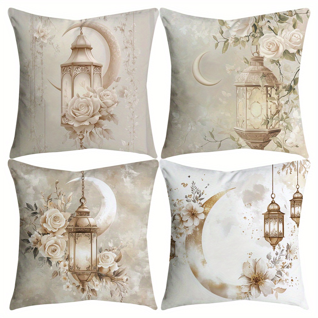 Image of 4pcs Ramadan Throw Pillow Covers 18x18 Inch Ployster Star And Moon Throw Pillow Covers Decorative Cushion Covers Lamp Printed Cushion Cover Decorations For Sofa Couch Home Decor