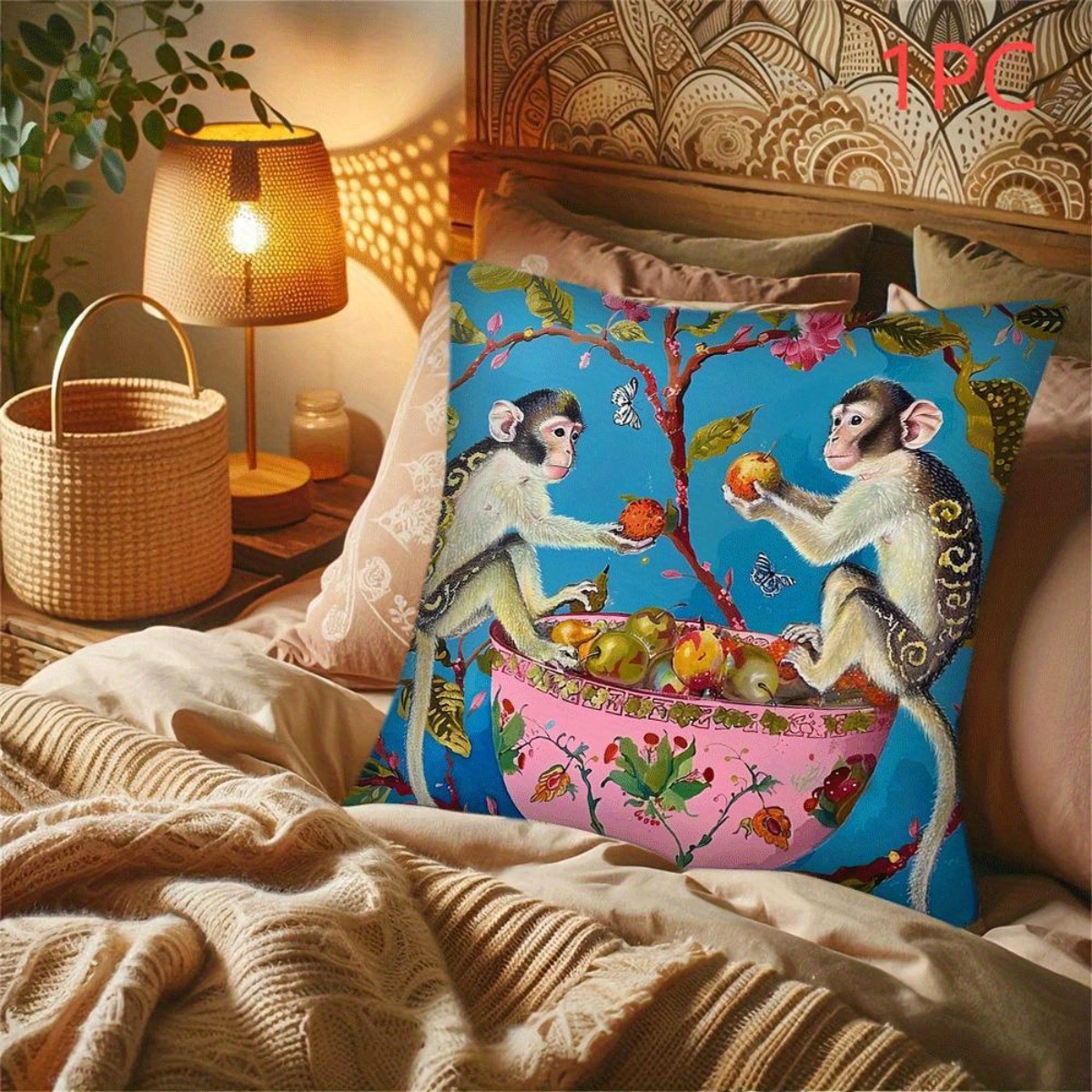 TEMU 1pc Matisse Style Pillowcase – Double-sided Printed Soft Plush Home Decor Cushion Cover With Zipper Closure, Vibrant Monkey And Fruits Art