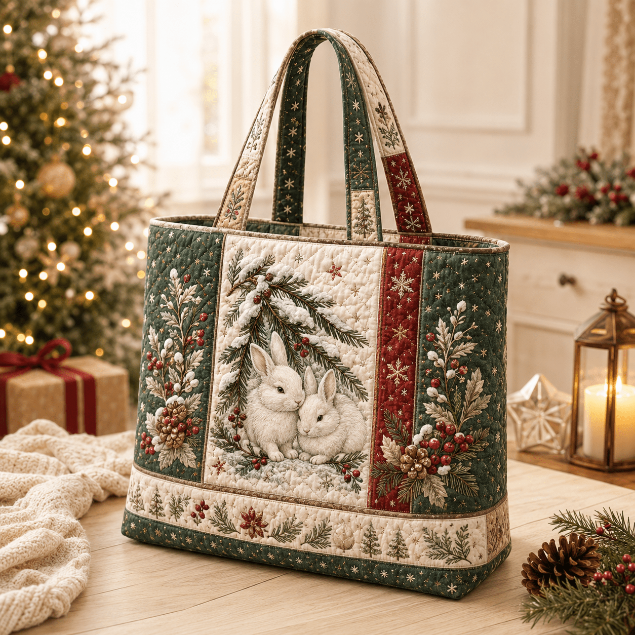 TEMU Sac fourre-tout matelassé d'hiver nordique pour femme 17*15 pouces, broderie lapin/cèdre - Sac à main grande , convient pour , , le fitness et