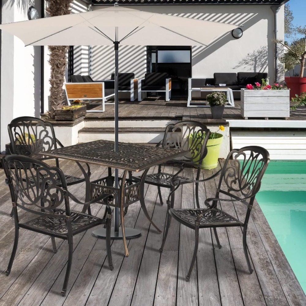 Bonnlo 5pcs Outdoor Dining Set Cast Aluminium Patio Furniture with 4 Chairs and 1 Umbrella Table for Garden Porch Poolside Weather-Resistant Bronze