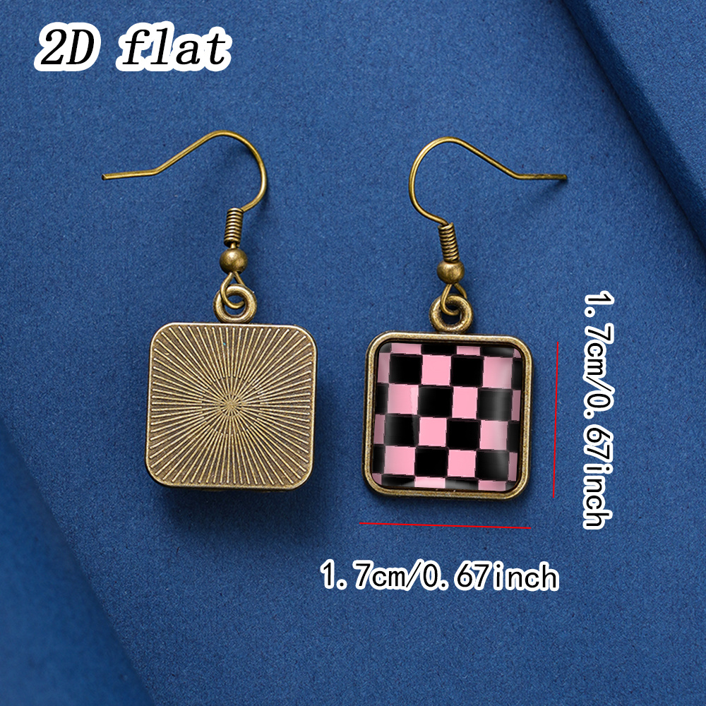 Women's Pink & Black Checkerboard Pattern Earrings, Square Framed