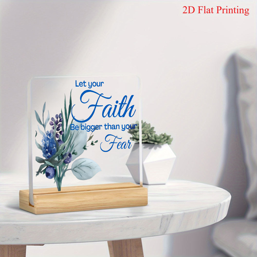 TEMU 2d Flat, 2d Flat Acrylic Decorative Ornament With Fresh Watercolor Blue Floral Illustration And "let Faith Than Fear" Inspirational Quote.