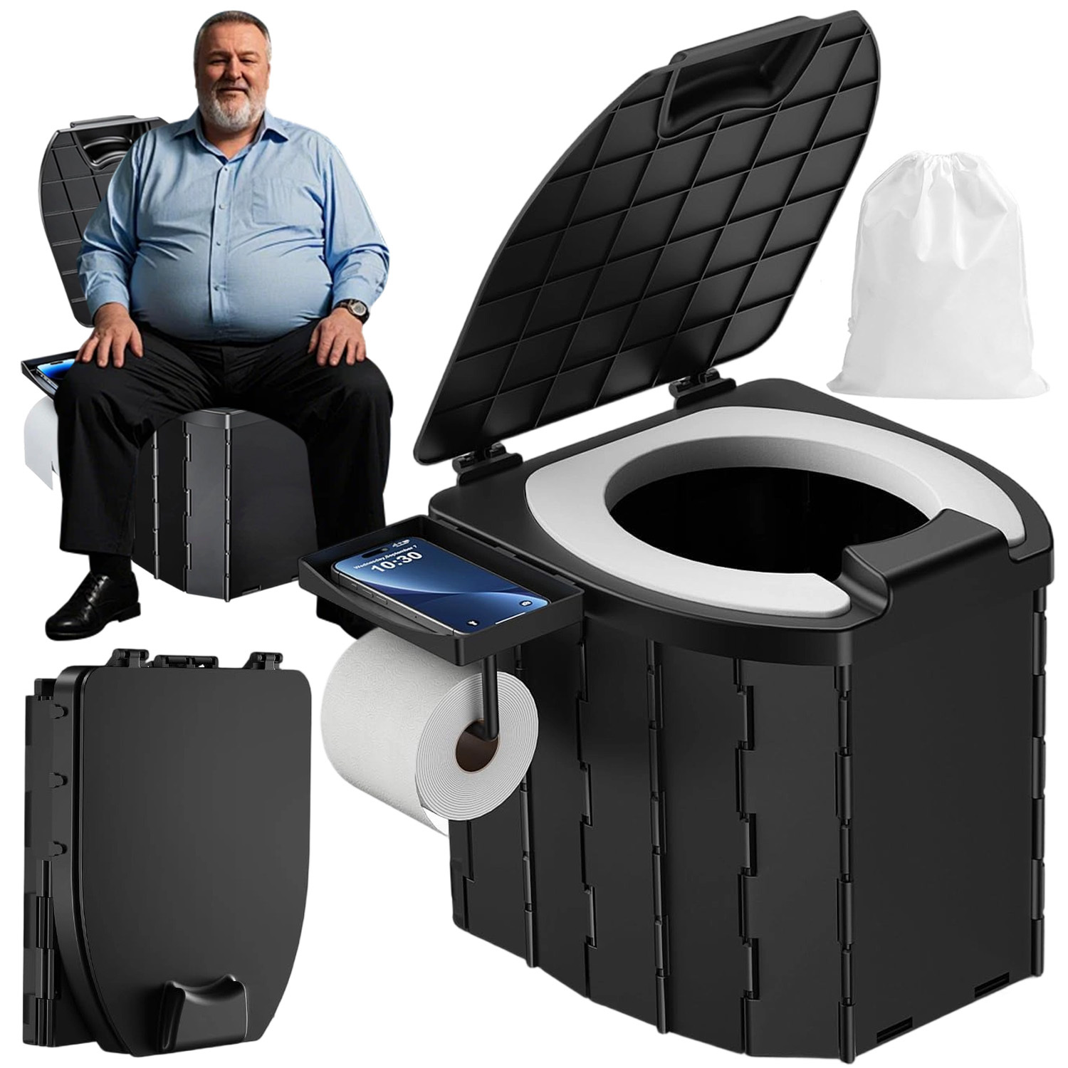 5l Folding Toilet With Splash Guard, 204kg , Ideal For Camping, Fishing And Trips