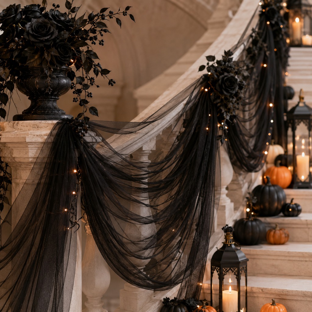 Image of 370in Black Polyester Mesh Tulle, High- Soft Translucent Sheer Drape, Light Luxury Atmosphere Halloween Decoration Tulle, Candy Party, Halloween Banquet Scene Decoration, And Mysterious