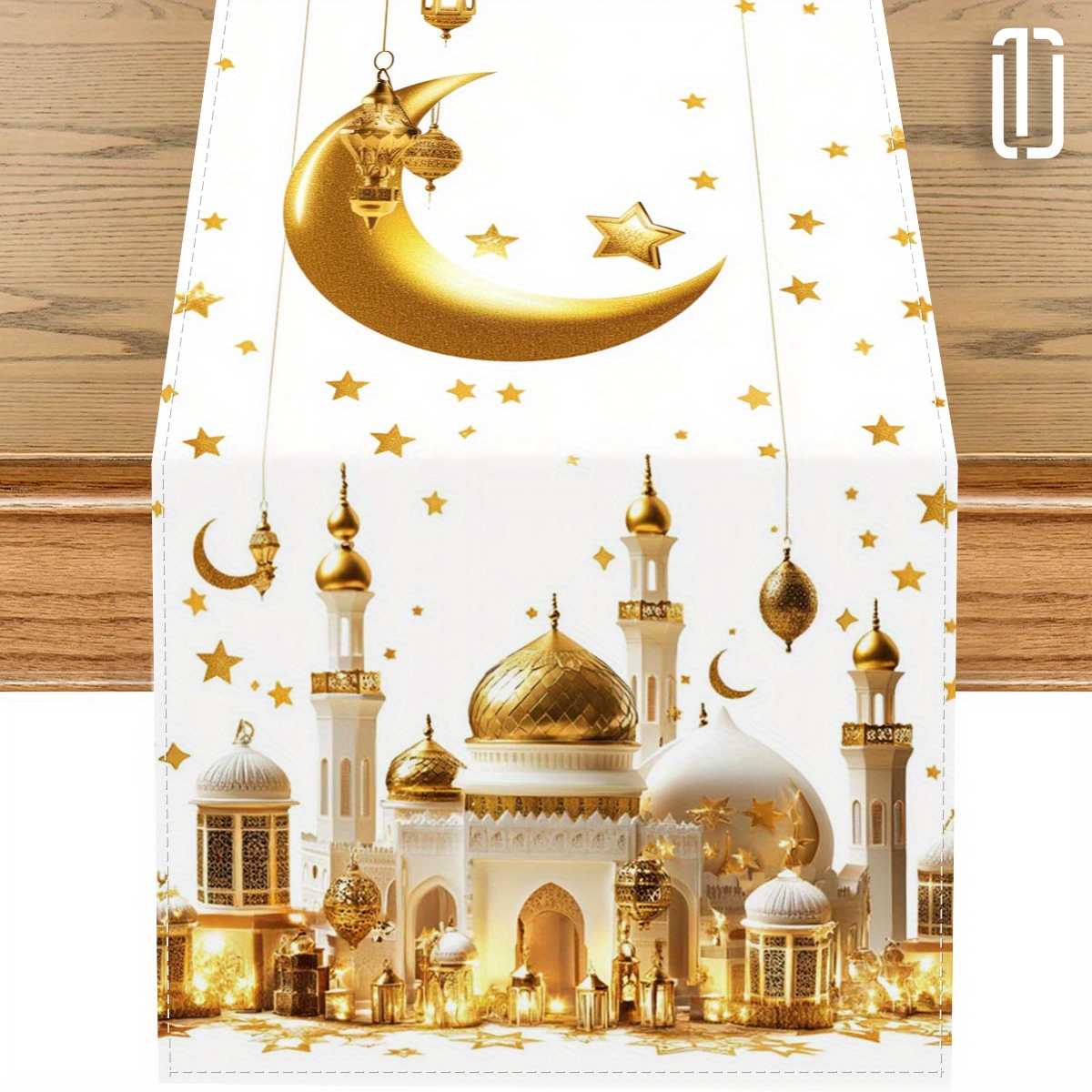 

1pc Eid Al-fitr Table Runner, Polyester 100%, Rectangular Woven Flag And Lantern Design, Ideal For Ramadan And Eid Party Decorations, Living Room Decoration