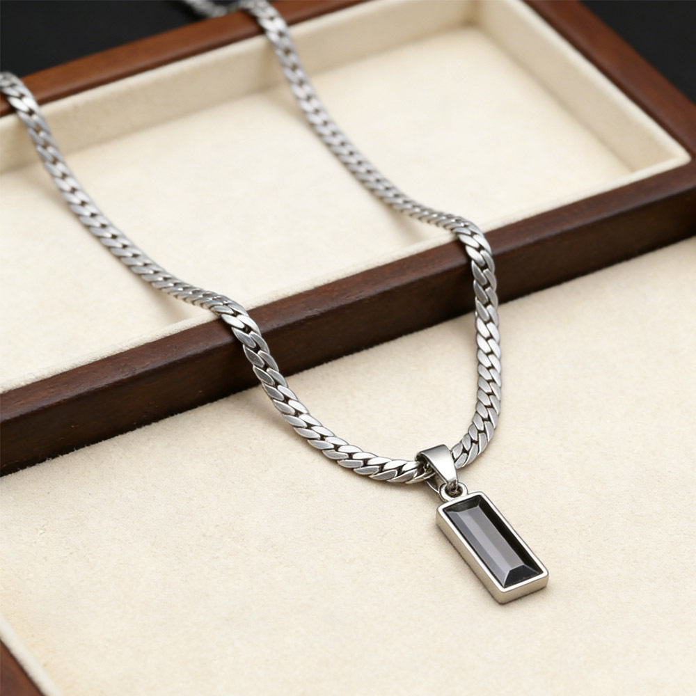Image of 1pc Stainless Steel Black Pendant Premium Bullwhip Chain Necklace For Men, Versatile Minimalist Style, All-match Clavicle Chain, Women's Accessory