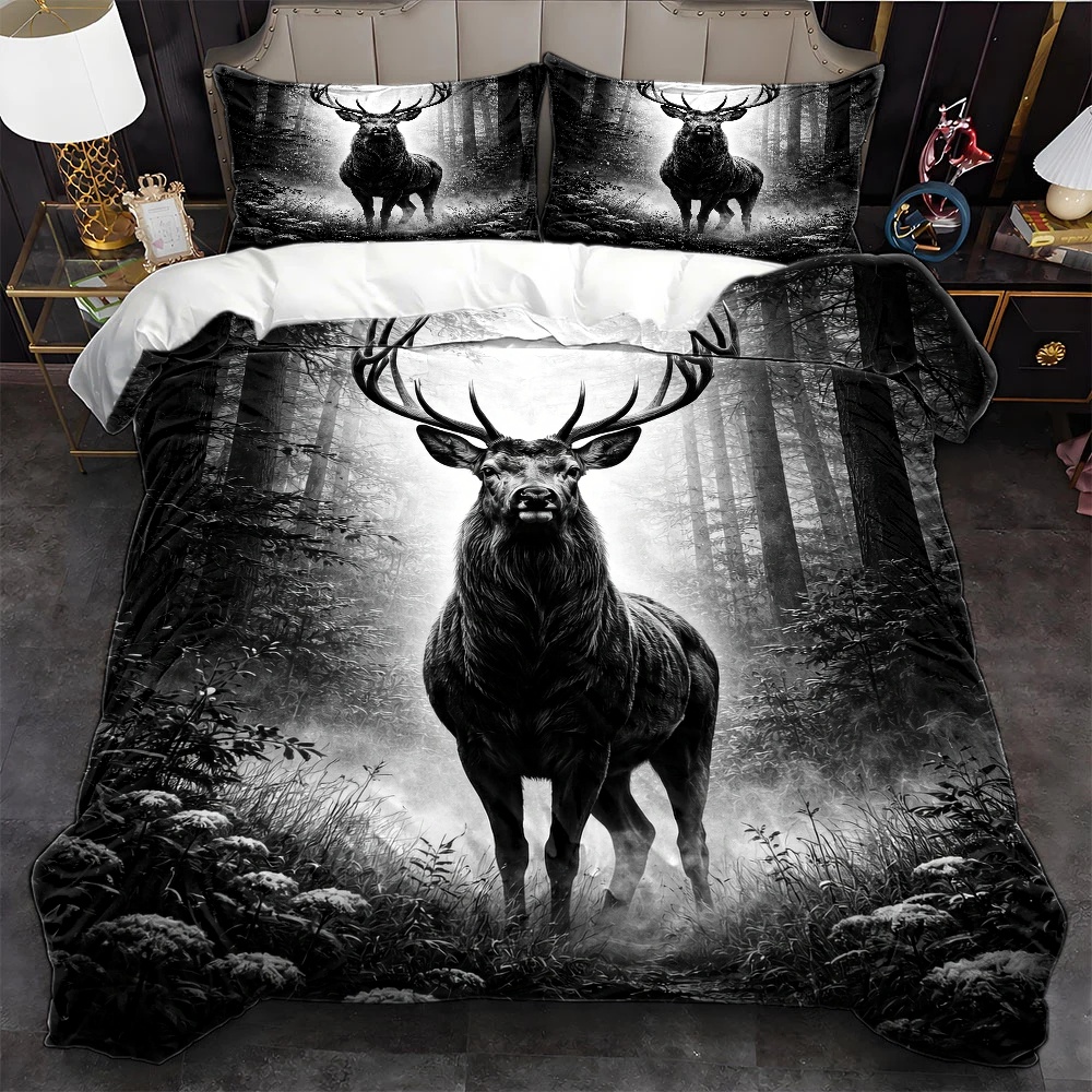TEMU 3pcs Forest Stag Black And White Art Duvet Cover Set, Bedding 3pcs Set (1*duvet Cover   2*pillowcases), Suitable For , Machine Washable, Hidden