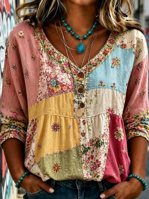 Vintage Color-Block Floral Print Shirt Women S V-Neck Three-Button Front 3/4 Sleeve Babydoll Blouse