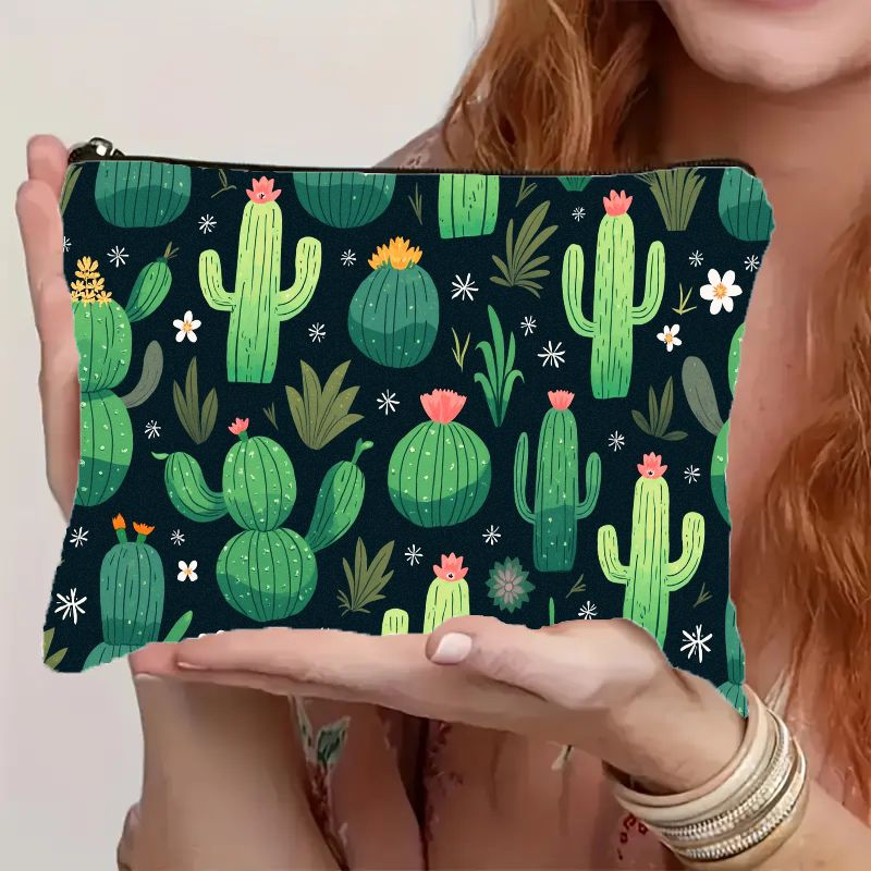 TEMU Trousse de maquillage cosmétique 2D plate avec illustration de cactus et de succulentes du désert et fermeture à glissière - Trousse de toilette