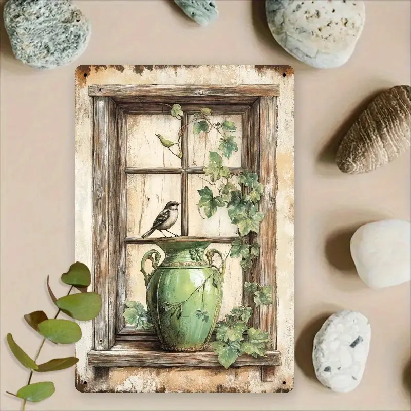 TEMU 2d Flat, 1pc 2d Flat Printing Vintage Greenery Window Sign Rustic Aluminum Wall Art With Bird& , 8x12 Inches, Cafe, Home, Garage, Patio, Garden