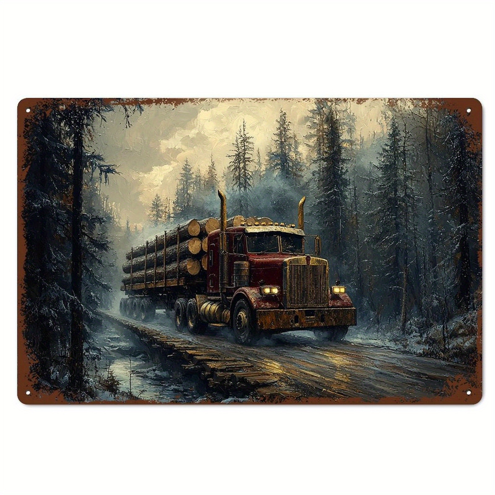 TEMU 2d Flat, Wall - Rustic Truck & Logs Metal Tin Sign, 12x8 Inch (30x20cm) Wall-mounted Home Decor For Living Room, Bedroom, Bar, Cafe - Perfect