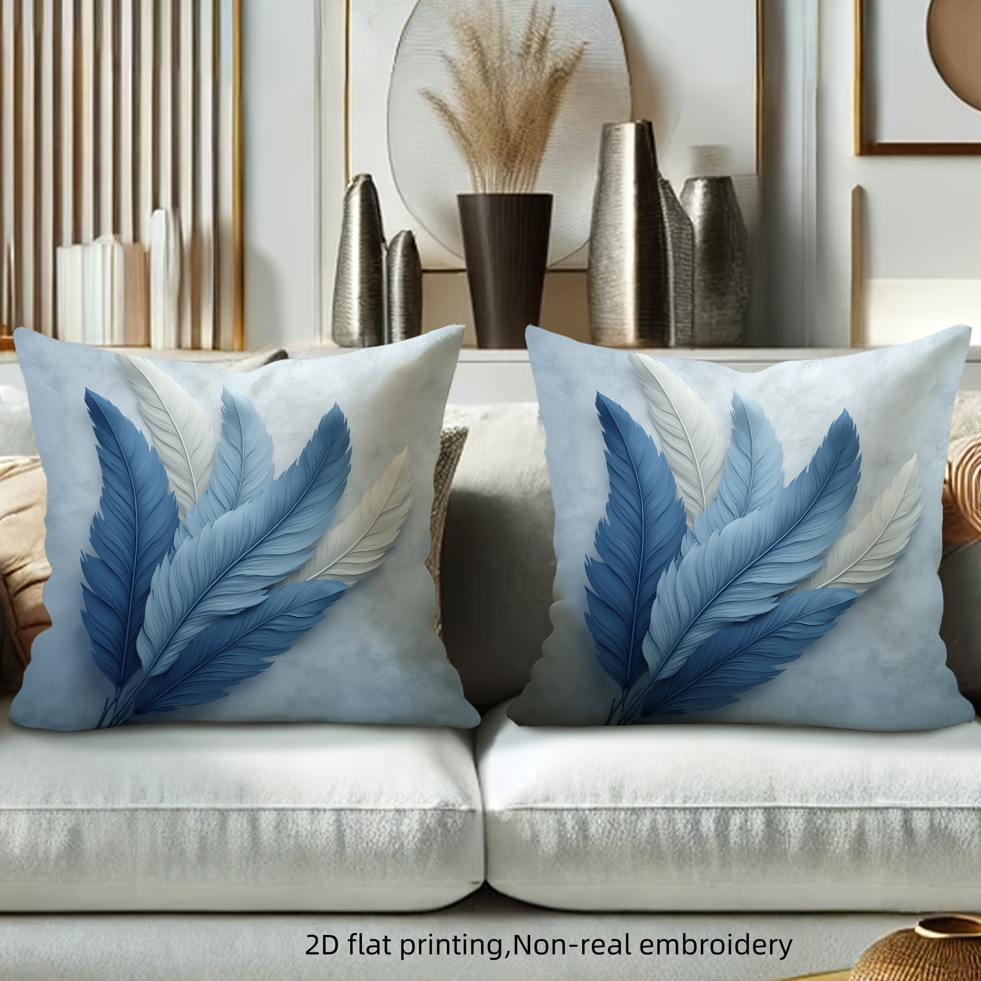 TEMU Lot de 2 housses de coussin décoratives - Housses de coussin à motif de plumes bleues et blanches avec fermeture éclair, décoration d'intérieur