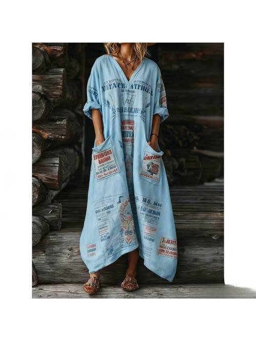 plus size bohemian style vintage printed v neck maxi dress loose size effect with pockets casual vacation dress tea dress breathable and friendly versatile for everyday wear machine washable