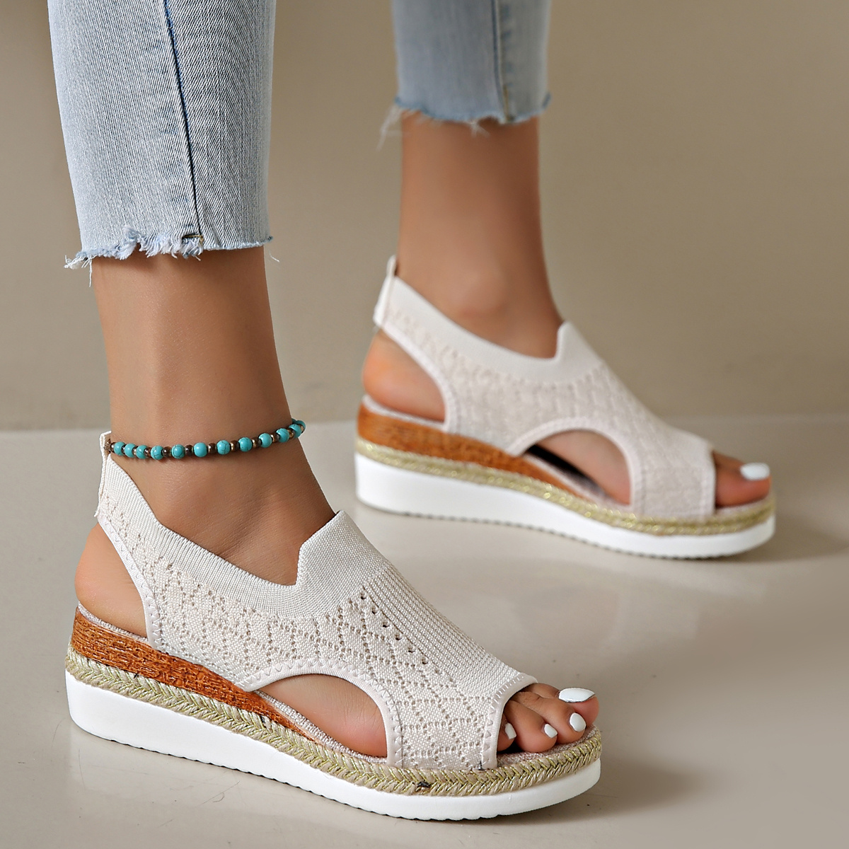 TEMU Creamy White Women's Wedge Sandals, New Summer Single Shoes Thick Sole Casual Knit Breathable Beach High Heels, Women Shoes