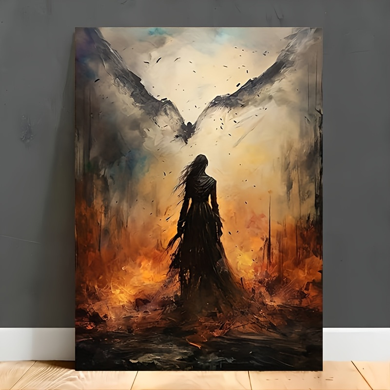 TEMU 1pc Gothic Canvas Wall Art - Dark Winged Figure Painting With & Icy Backdrop, Wooden Framed Vertical Decor For Living Room, Bedroom, Office -