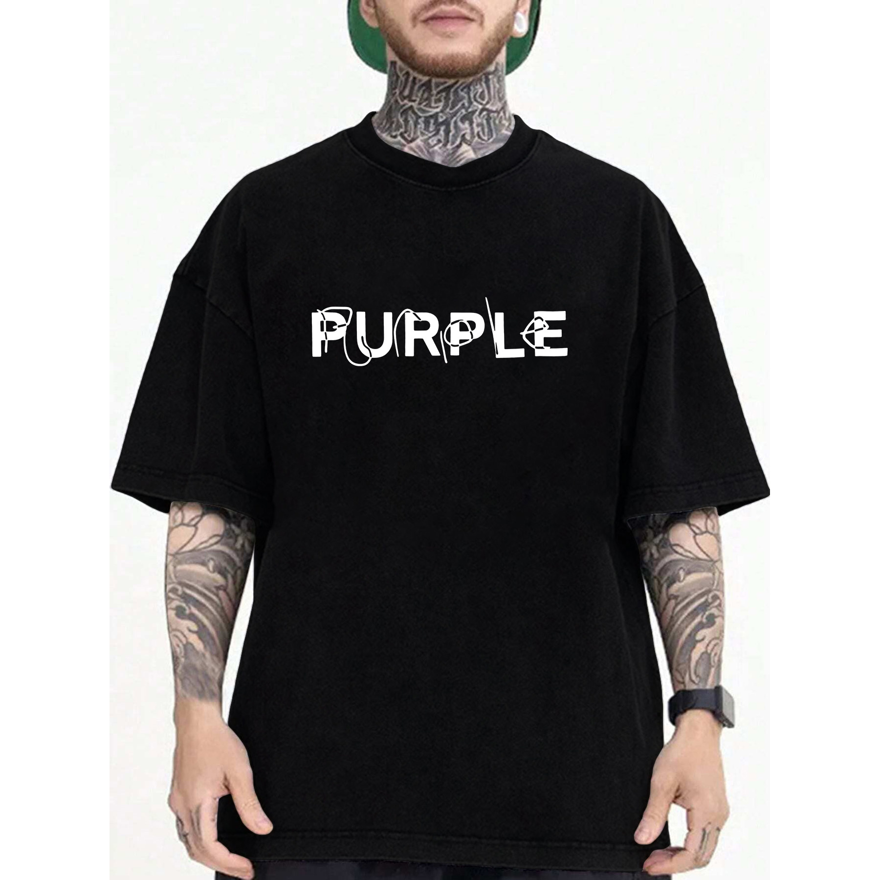 

Men's Casual Purple Letter Print T-shirt - Soft Polyester, Crew Neck, Short Sleeve, Loose Fit For Summer