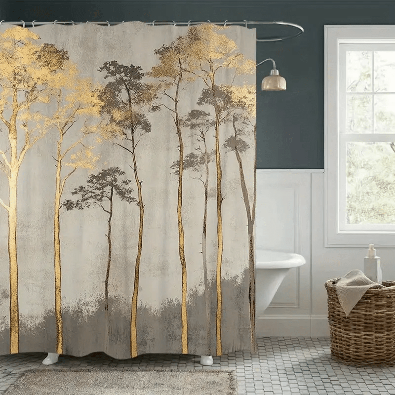 E-shop 2D Flach, 2D Flach, 1 Stück Elegantes Beige und Goldener Blätter Duschvorhang - Mehrere Größen Verfügbar, 2D Flachmuster Druck Design, Leicht zu