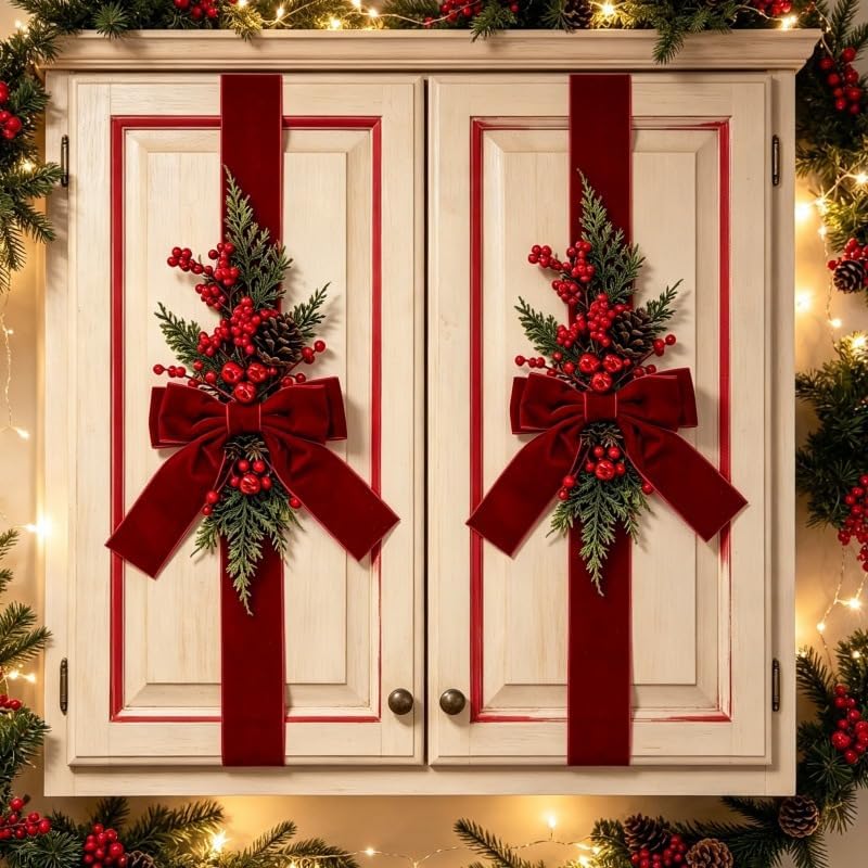 TEMU Set Of 2 Burgundy Christmas Ribbon Bow Decorations With Red Berries & Pinecones Suitable For Doors, Fireplace Mantel, Tree Topper - Elegant
