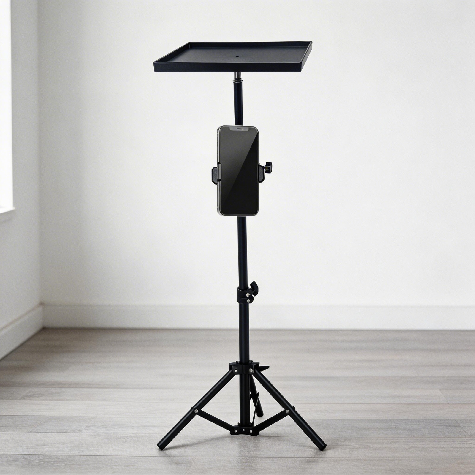 TEMU Versatile Adjustable Tripod Stand Featuring A Flat Tray And A Removable Phone Holder, This Universal Foldable Floor Stand Is Suitable For