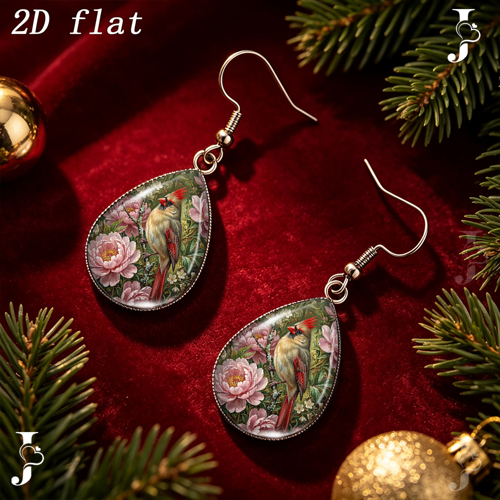 Teardrop Dangle Earrings with Cardinal Bird Peony Flower Pattern