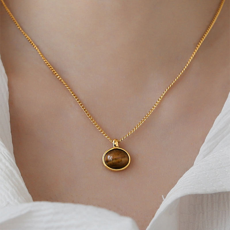 TEMU 1 Vintage Oval Natural Eye Necklace For Women, Clavicle Chain, Fade-resistant, Niche, Light Luxury, High-end Feel