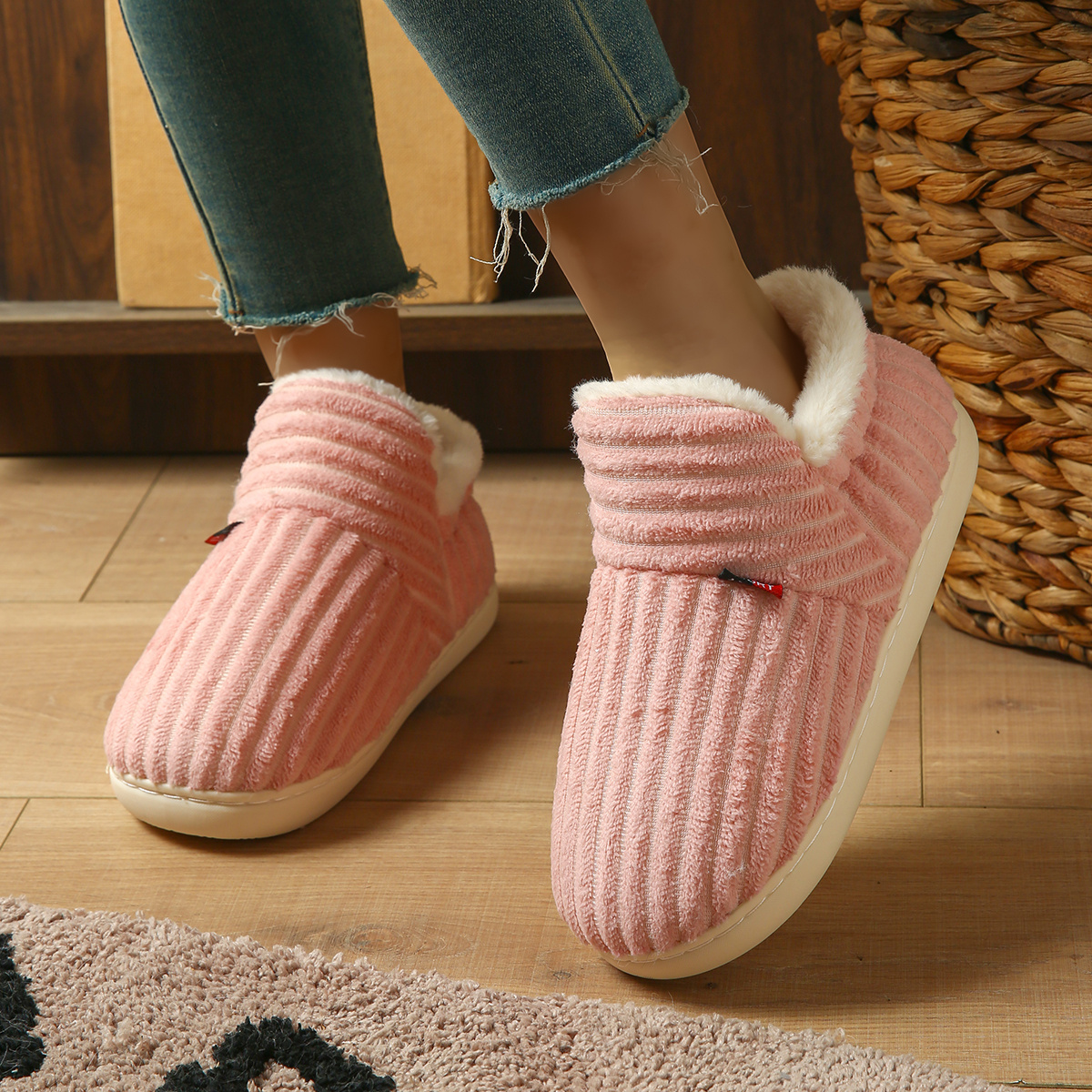 Full-coverage Heel Corduroy Slippers for Women, Winter Plush-lined House Shoes, Soft-soled Quiet and Warm Heel-enclosed Slippers, Women Shoes