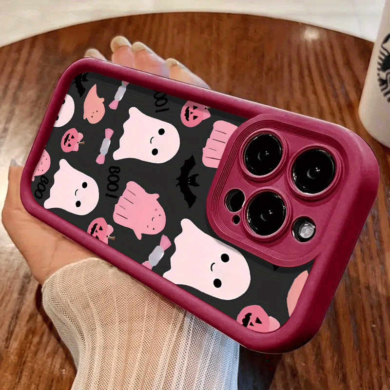 Burgundy Black and White Pink ghost TPU Shockproof Full Cover Precision Protective Case for Apple iPhone16promax, 16 15pro 14PLUS 13 12Pro 12mini 13 mini 11 Pro Max X XSMAX Pattern Printed Phone Case, Easter Gift, Christmas Halloween Decoration/Gift for Girlfriend, Boyfriend, Friends or