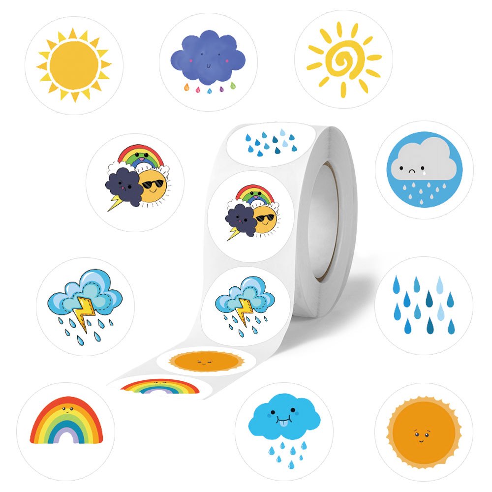 500pcs/roll Cute Weather Design Adhesive Tape Graffiti Stickers, 1-inch Pattern, Suitable For Roller Skating And Cycling, Festival Decorations, Suitcases, And Hand Books Craft Decorative Stickers