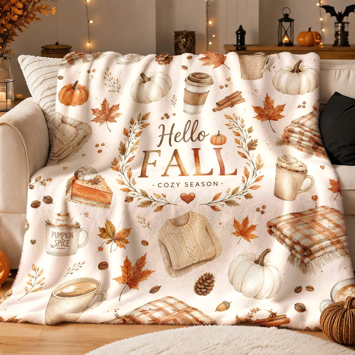 TEMU 2d Flat Printing 1pc Autumn Warm Coffee Pumpkin Plaid Blanket, Hand-drawn Theme - Large Size, Soft, Lightweight, Warm, Suitable For - Ideal For