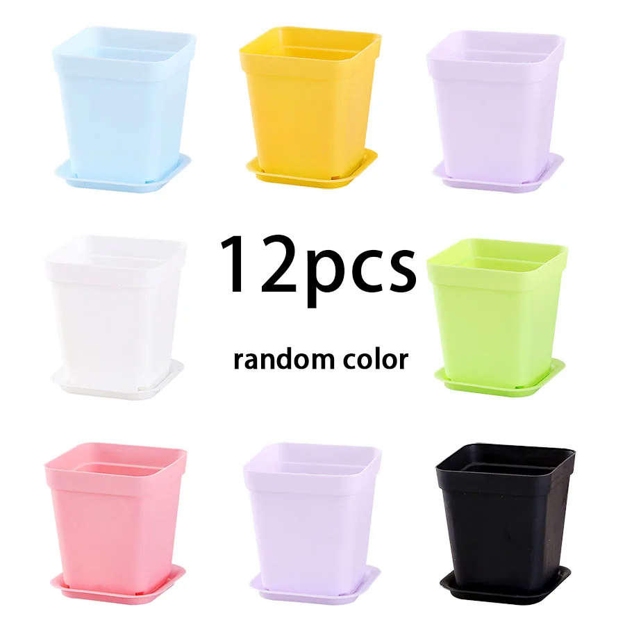 E-shop 12 Stück Zufällige Farbe Quadratischer Blumentopf mit Tablett Büros Innen- und Außendekoration Blumenbeete Gärten Baumschulen Kunststoffmaterial