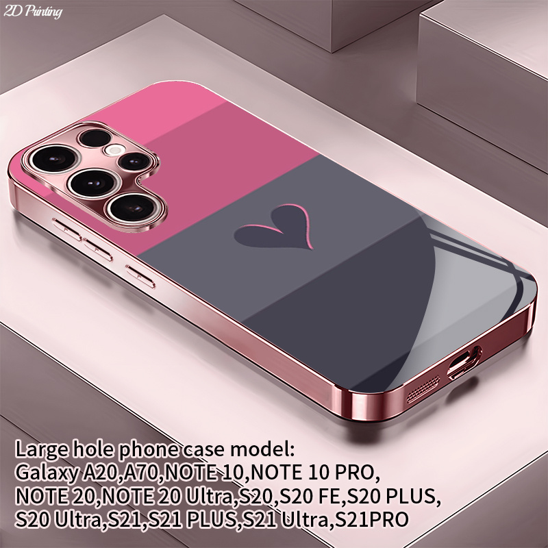 TEMU Phone Case: Striped Heart 2d Printed Pattern, Pink Electroplated Design. Suitable For S26, S25, S24, S23, S22, S21, S20, Note 20, Note 10, A55,
