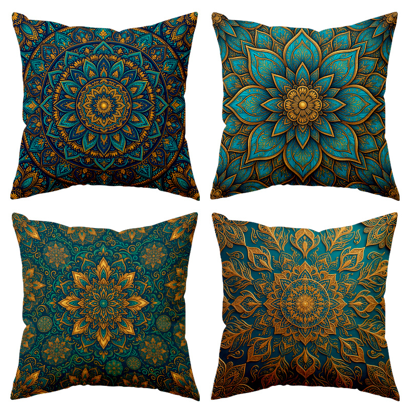 TEMU 4pcs Bohemian Home And Kitchen Supplies, Bedding, Home Decor With Turquoise And Golden Floral Pattern Printed Pillow Cover(insert Not