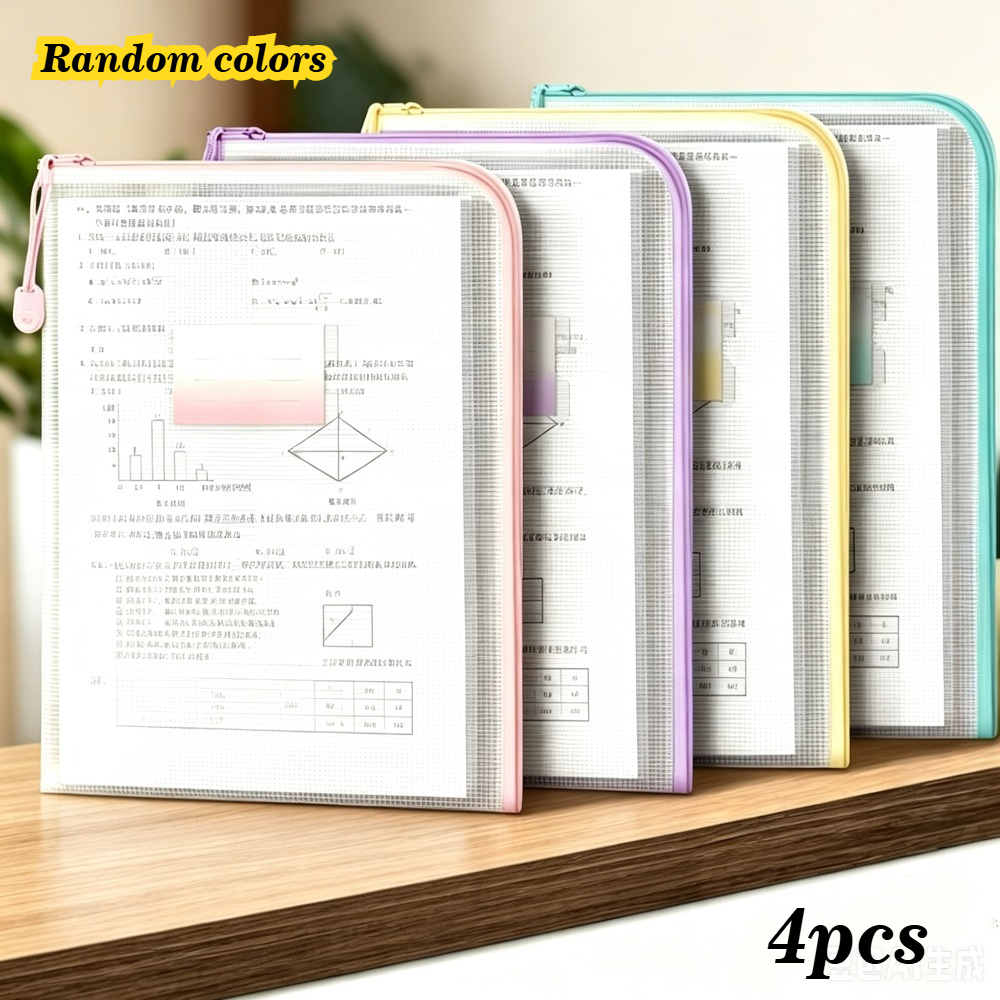 TEMU 4-pack A4 Wide Opening Mesh File Bags, Clear Document Organizer Pouches Slot, Large-capacity File Folders For Office , School Supplies, Random