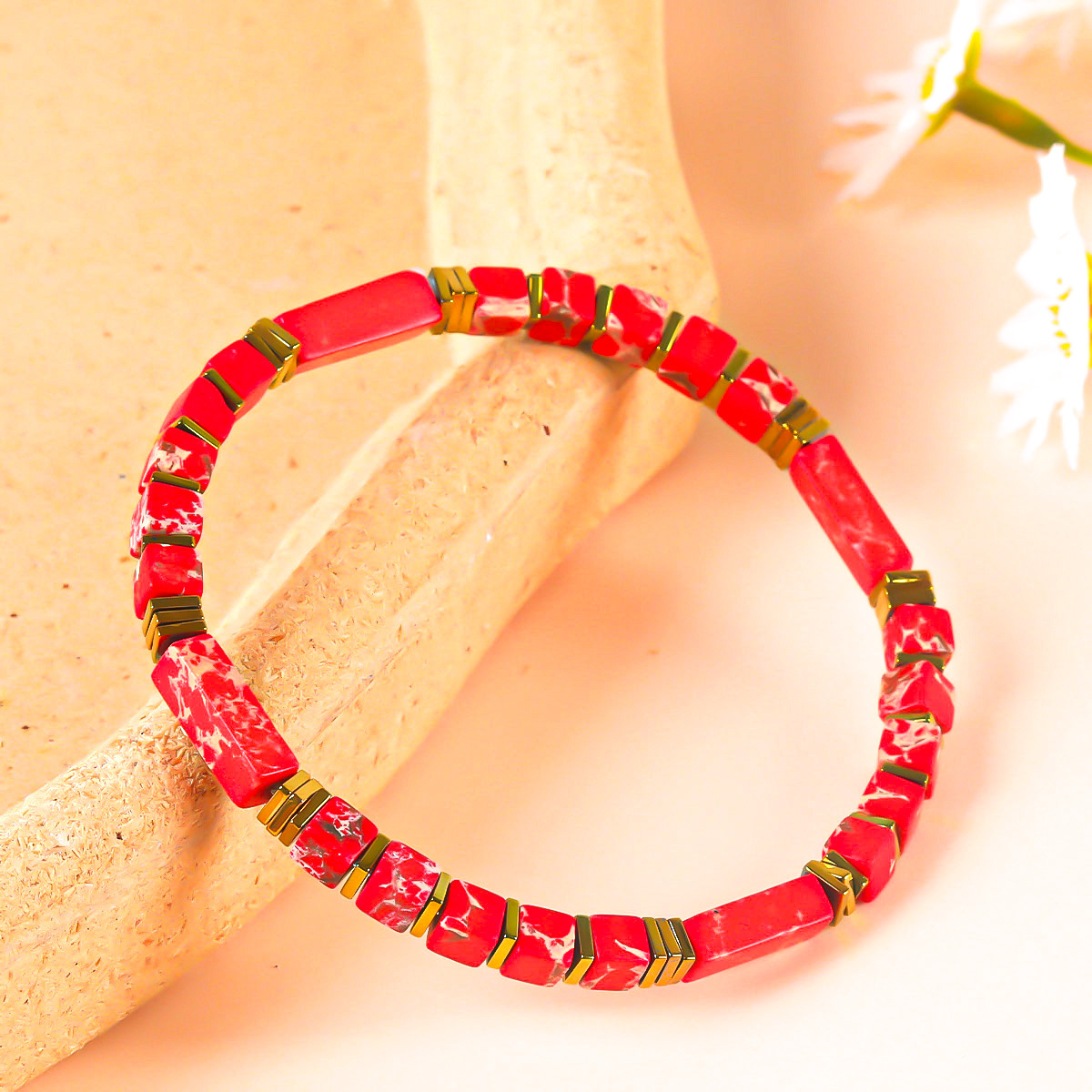 Natural Red Imperial Jasper Rectangle & Square Bead Bracelet, Unisex
