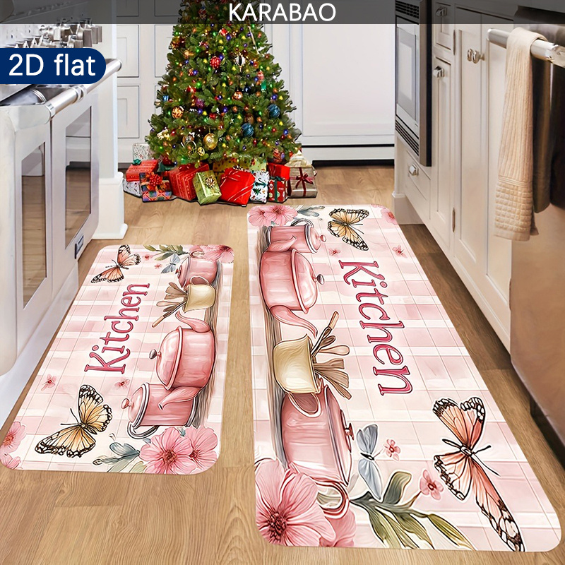 TEMU 2d Flat, 2pcs Set Of -themed Mats, Cute Patterns (fruits, Vegetables, Kitchenware) - Kitchen Rugs, Suitable For Bathtub Side, Bedside, Entrance,