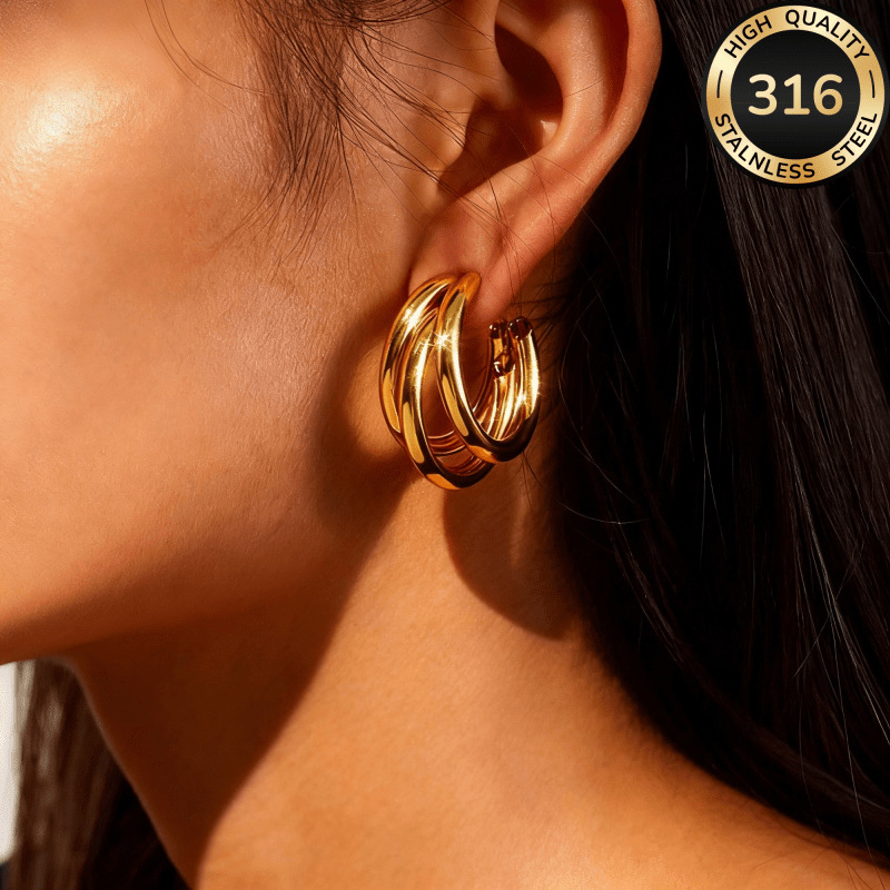 TEMU Juego de 2 aretes de aro de C, y elegantes, joyería de acero inoxidable, aretes de aro de C de moda vintage, y elegantes para mujer, accesorios