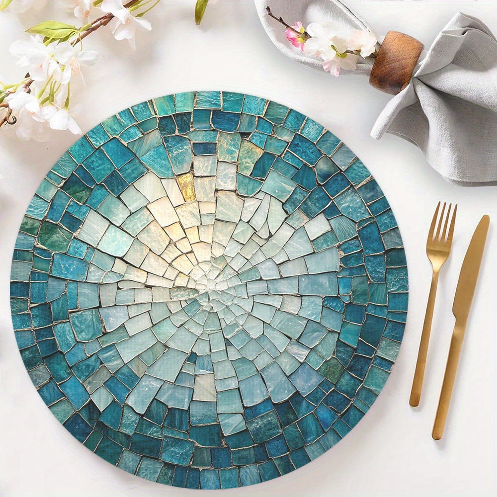 TEMU 4pcs Blue Gradient Color Glass Inlaid Single Sided Printing Round Placemats 15x15in - Washable Polyester Placemats, Suitable For Dining Rooms,