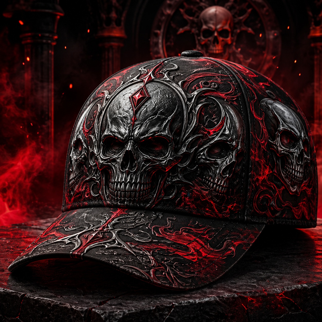 TEMU Baseball With Red And Black Skull Triple Pattern, Gothic Flame Scroll Art Clothing, Outdoor Sun Hat, Halloween Party, Travel, Street Fashion,