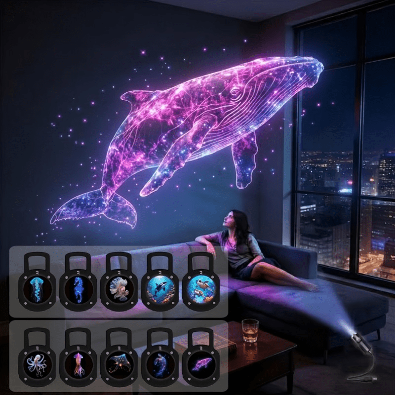 1pc Themed Creative Projection Night Light, Static Pattern Manual Rotation Usb Powered Portable Bedside Ambient Light, 10pcs Interchangeable Films With Whale Jellyfish Dolphin Multi-patterns