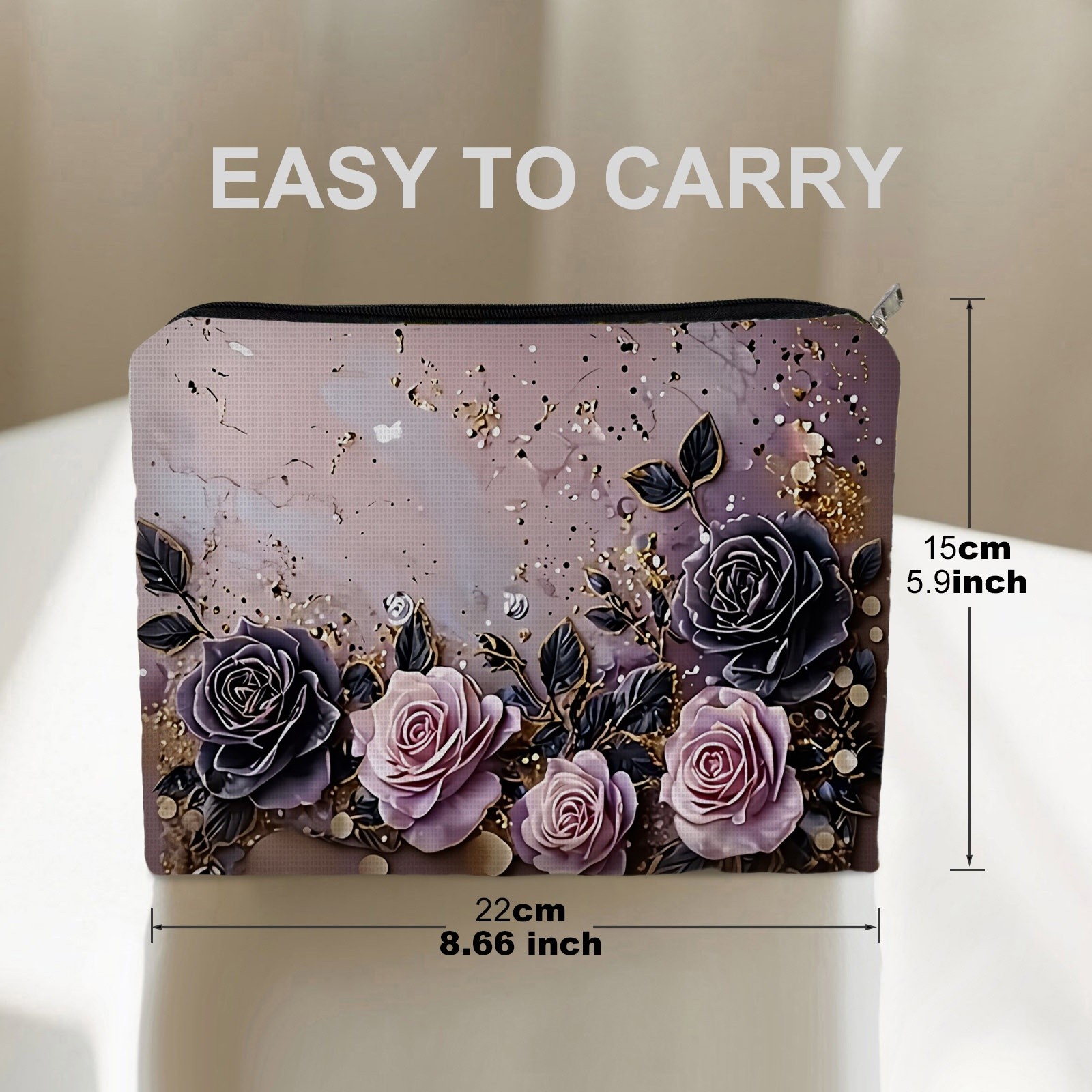 TEMU Elegant Double-sided Pastel Rose Print Cosmetic Bag, Soft Polyester Makeup Pouch In 5.9in*8.66in Size, Luxurious Floral Pattern With Golden
