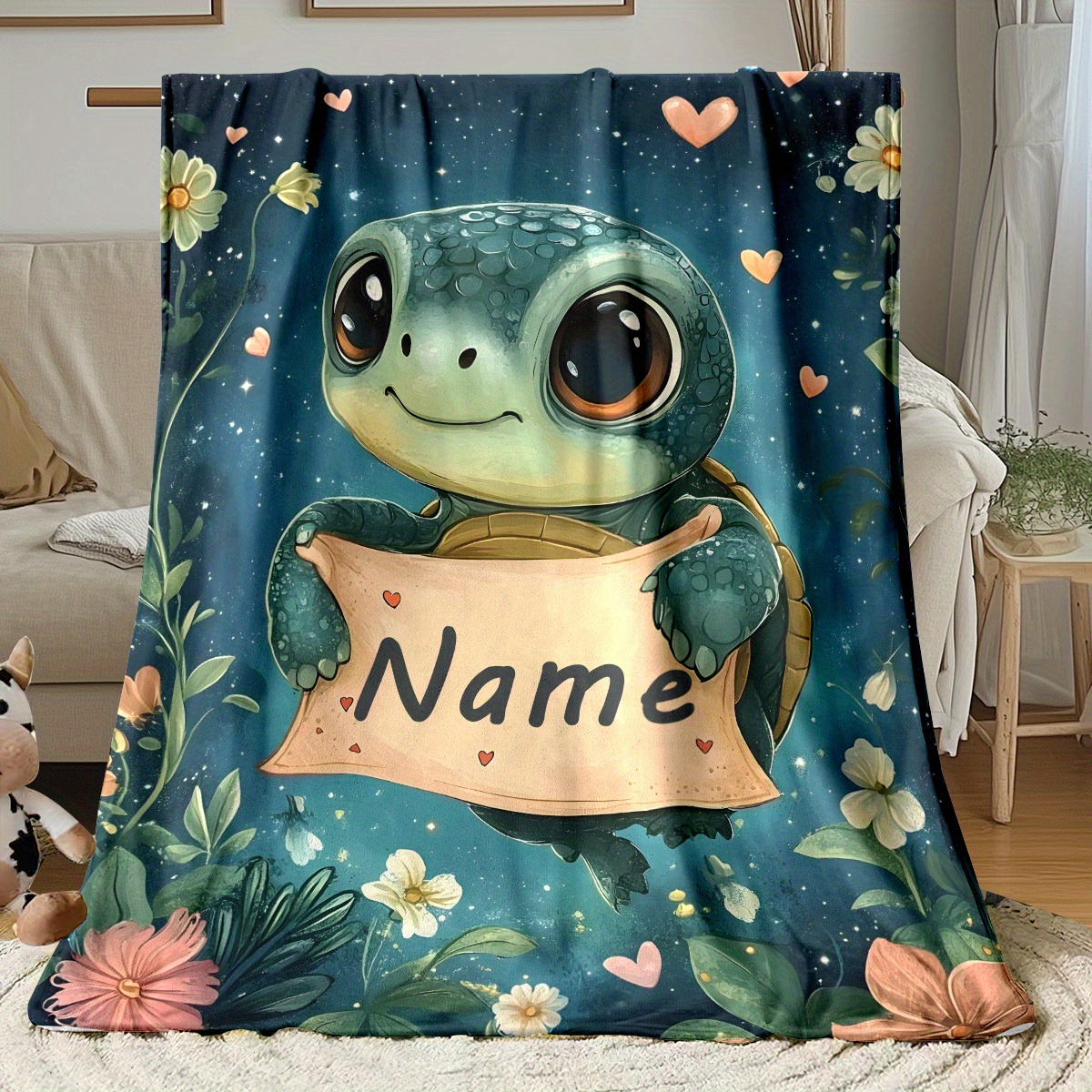 TEMU 2D Flache 1-teilige Custom Name Niedliche Schildkrötendecke - Leichte Flanelldecke für Sofa, Camping, Wohnzimmer, Büro, Stuhl und Bett -