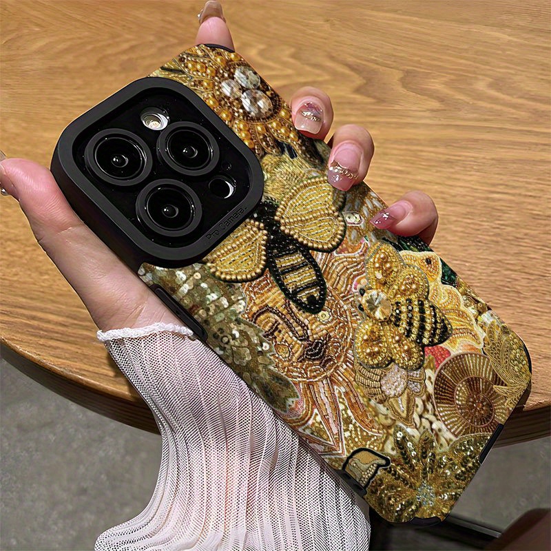 Golden Bee Floral Pattern Personalized Phone Case for Iphone 16/Iphone 16 Pro/Iphone 16 Plus/Iphone 16 Pro Max/Iphone 15/15 Plus/15 Pro/15 Pro Max, Iphone 14/14 Plus/14 Pro/14 Pro Max, Iphone 13/13 Pro/13 Pro Max, Iphone 12/12 Pro/12 Pro Max, Iphone 11/11 Pro/11 Pro Max, Dirt-Resistant, Shockproof, And