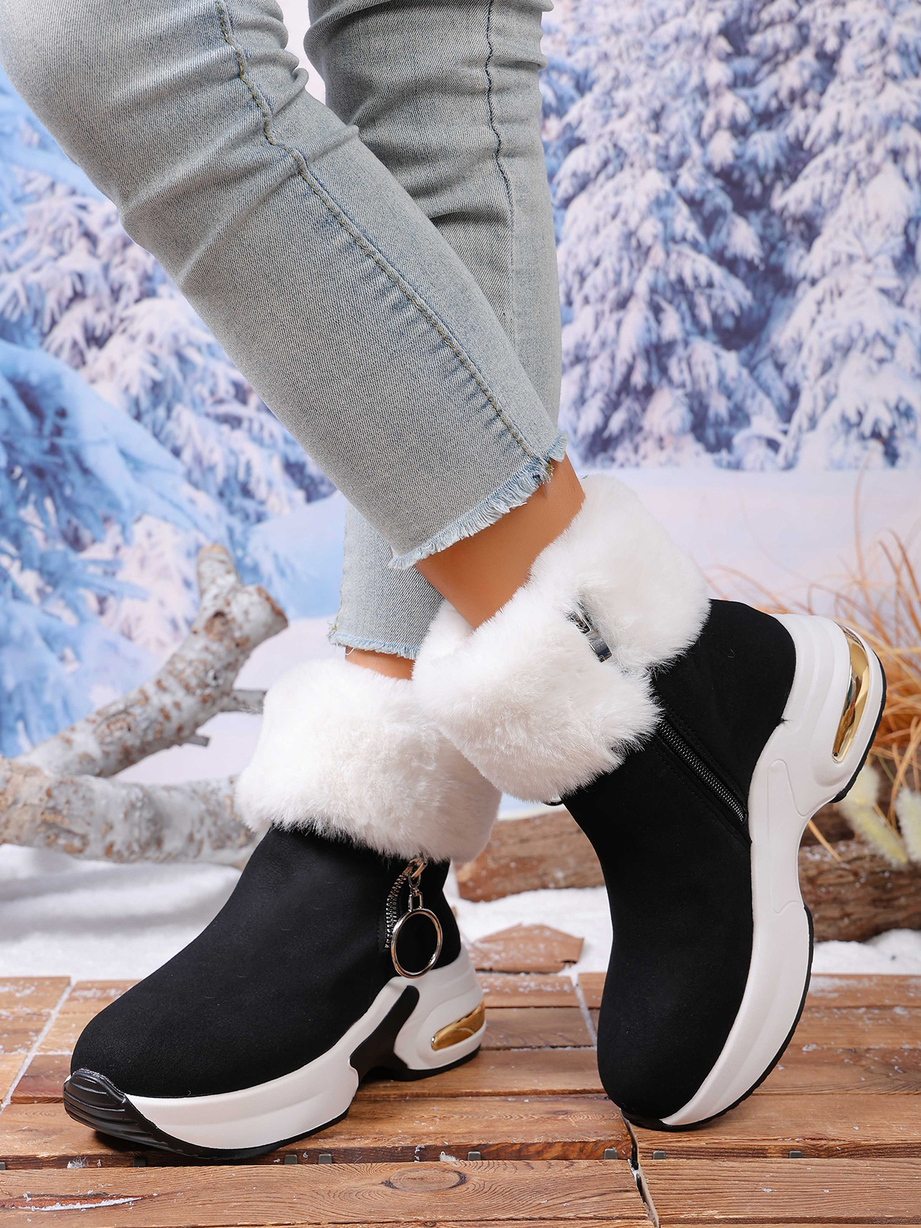 Winter Fleece-Lined Warm Wedge Snow Boots | Women 2025 New Large Size 43 Thick Sole Furry Snow Boots with Fabric Upper and Insole, EVA Sole