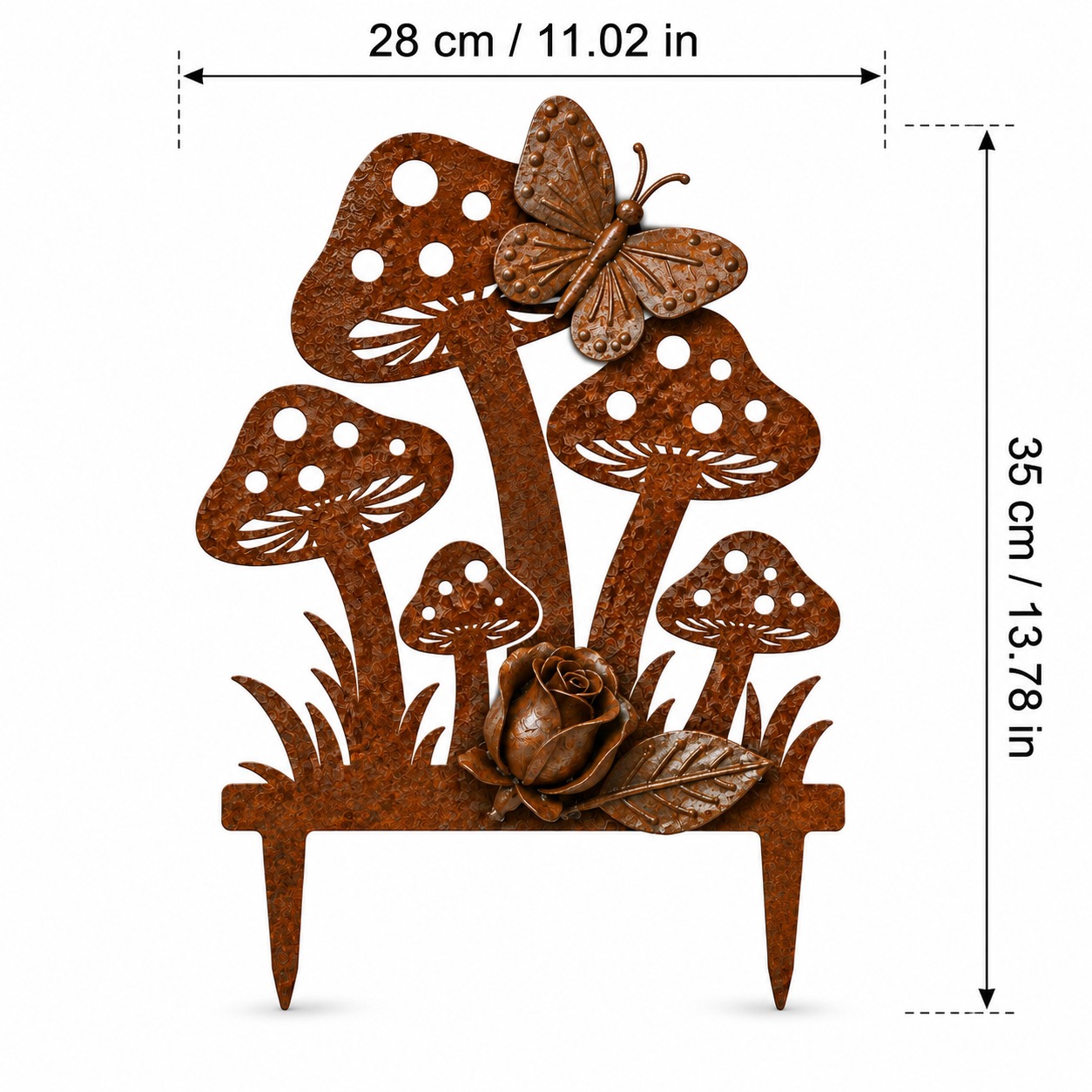 Image of 【3d】 Rusty Metal Mushroom Garden Stake With And Rose Flower, Iron Ground Pick Ornament, Weather Resistant Outdoor Lawn Flower Bed Yard Decor, Sweet Gardening Gift For Grandma And Plant Lovers