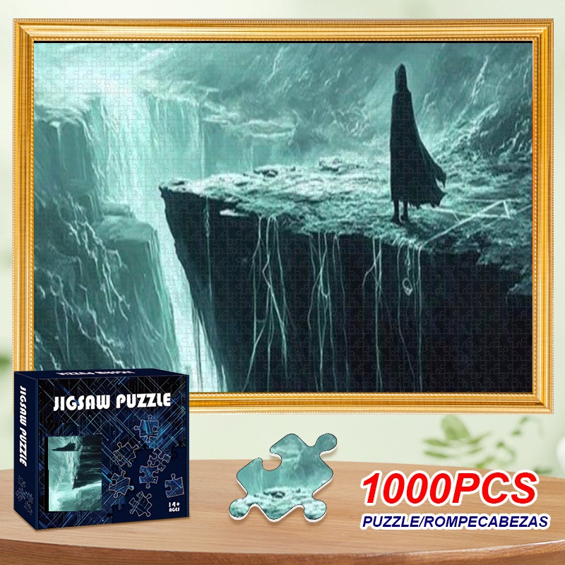 품목 사진 1000/1200/1500피스 퍼즐, 형광 잉크 인쇄가 된 두꺼운 소가죽 仿纸보드, 판타지 폭포와 가면을 쓴 캐릭터 풍경, 휴대용, 부모-자녀 게임, 지역 사회 행사, 방 꾸미기용으로 적합