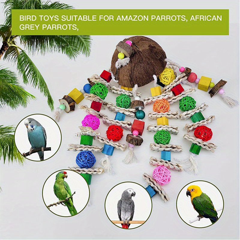 TEMU Parrot Toys,bird Toys, Medium And Large Parrot Chewing Toys Including Coconut Shells, Chinese Prickly Ash Wood, Corn Vine Ball Strings